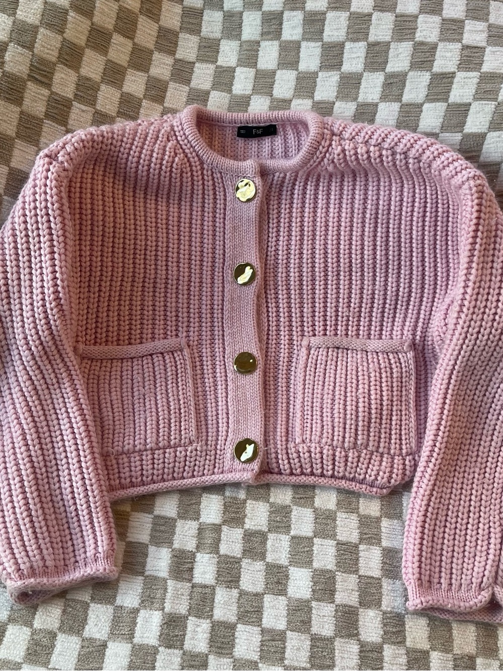 F&F Pink Chunky Knit Cropped Cardigan Made In Turkey